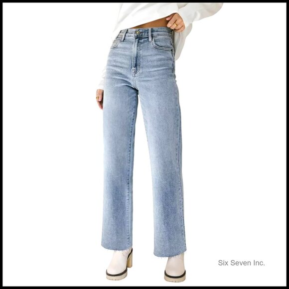 High Waisted Straight Leg Jeans Raw Hem Frayed Baggy Stretchy Cropped Wide Leg